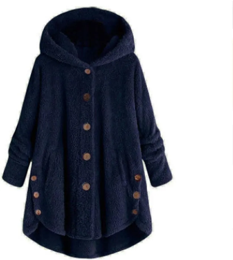 Women's Sherpa Coats Fuzzy Fleece Button Down Hooded Coat Plus Size Warm Long Sleeve Coats Loose Cardigan Cozy Coats