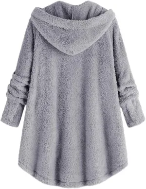 Women's Sherpa Coats Fuzzy Fleece Button Down Hooded Coat Plus Size Warm Long Sleeve Coats Loose Cardigan Cozy Coats