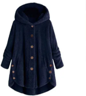 Women's Sherpa Coats Fuzzy Fleece Button Down Hooded Coat Plus Size Warm Long Sleeve Coats Loose Cardigan Cozy Coats