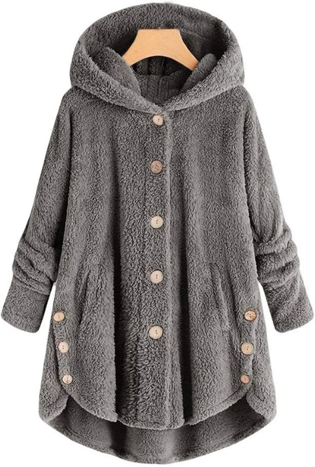 Women's Sherpa Coats Fuzzy Fleece Button Down Hooded Coat Plus Size Warm Long Sleeve Coats Loose Cardigan Cozy Coats