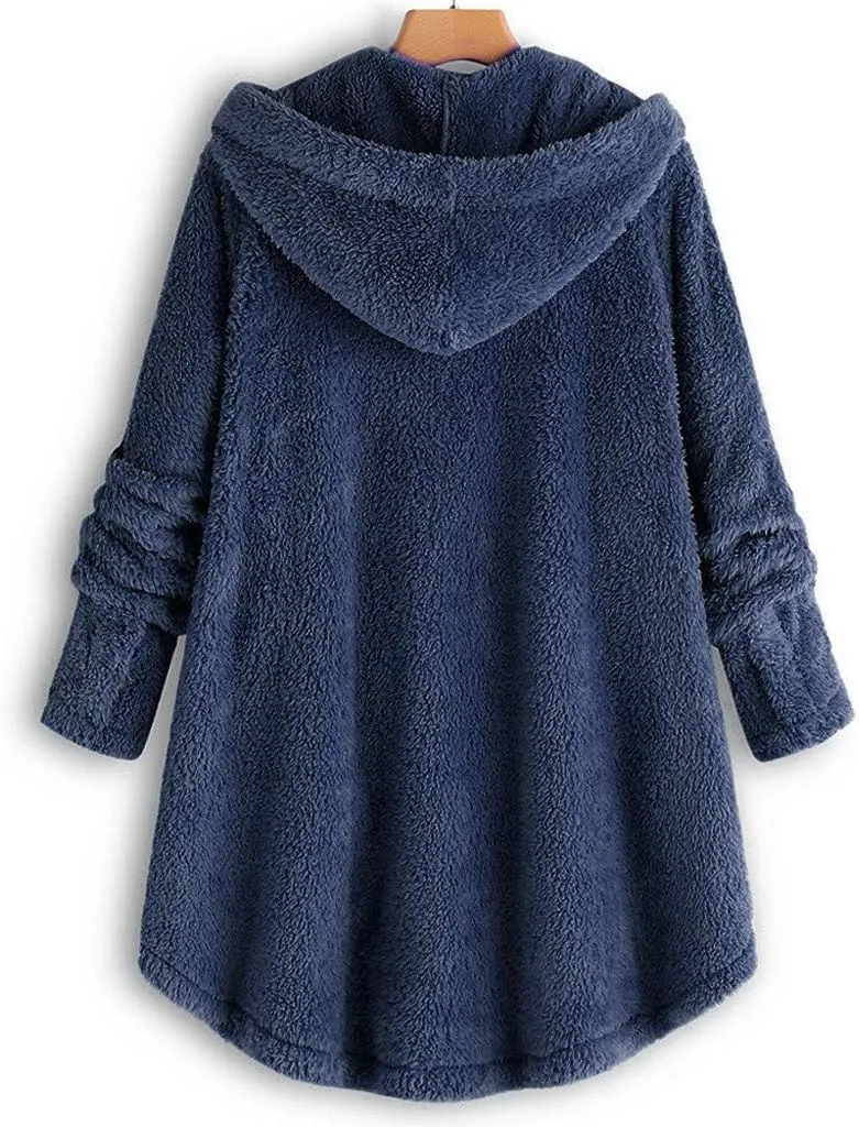 Women's Sherpa Coats Fuzzy Fleece Button Down Hooded Coat Plus Size Warm Long Sleeve Coats Loose Cardigan Cozy Coats