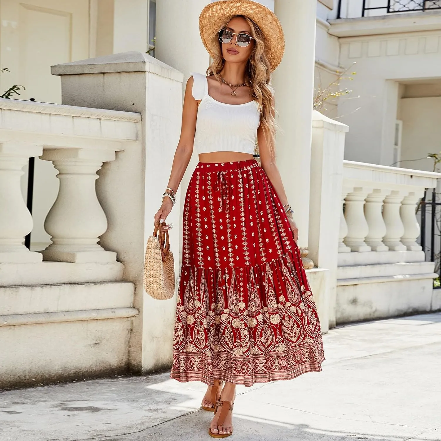 Womens Skirts,Wrap Drawstring Tiered Flowy Maxi Skirts for Women 2025 Trendy Ethnic Long Boho Skirt Spring Summer