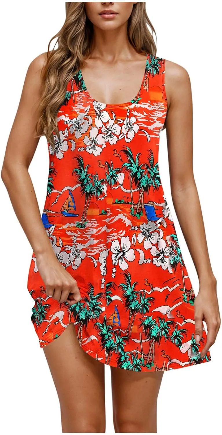 Womens Sleeveless Beach Dresses Loose Swimsuit Cover Ups Vacation Dresses Floral Flowy Mini Dress Trendy Dresses