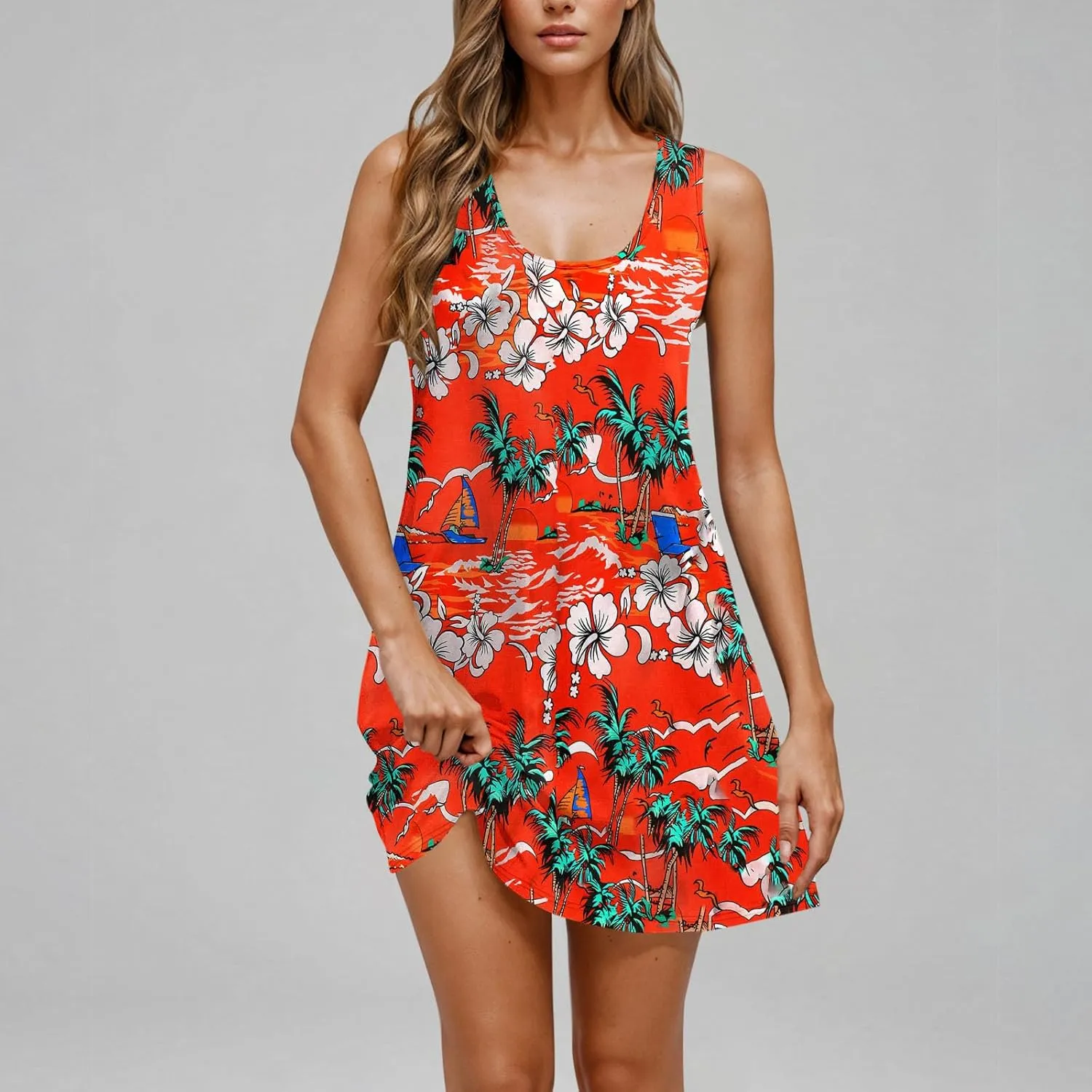 Womens Sleeveless Beach Dresses Loose Swimsuit Cover Ups Vacation Dresses Floral Flowy Mini Dress Trendy Dresses