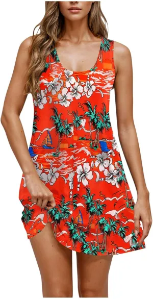Womens Sleeveless Beach Dresses Loose Swimsuit Cover Ups Vacation Dresses Floral Flowy Mini Dress Trendy Dresses