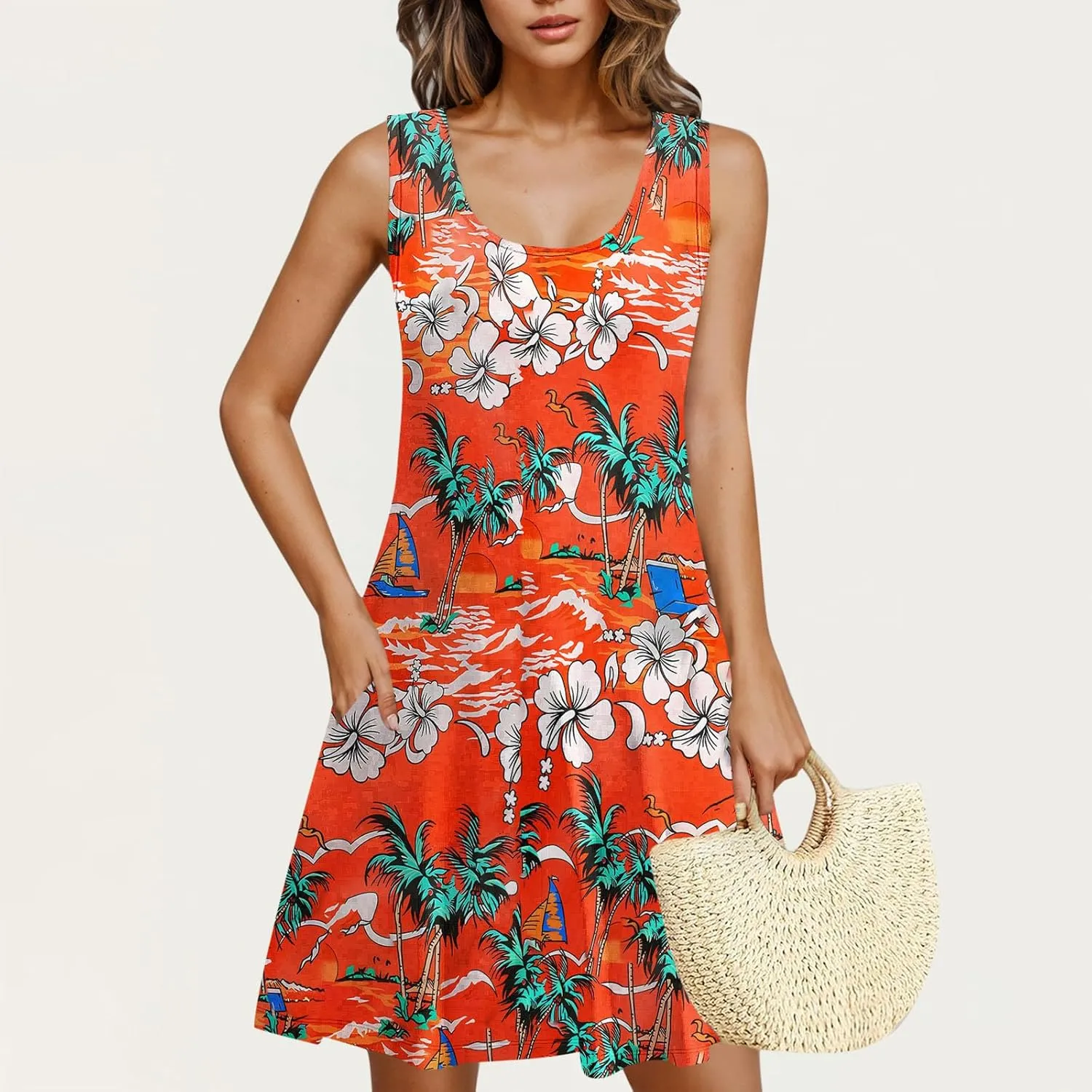 Womens Sleeveless Beach Dresses Loose Swimsuit Cover Ups Vacation Dresses Floral Flowy Mini Dress Trendy Dresses