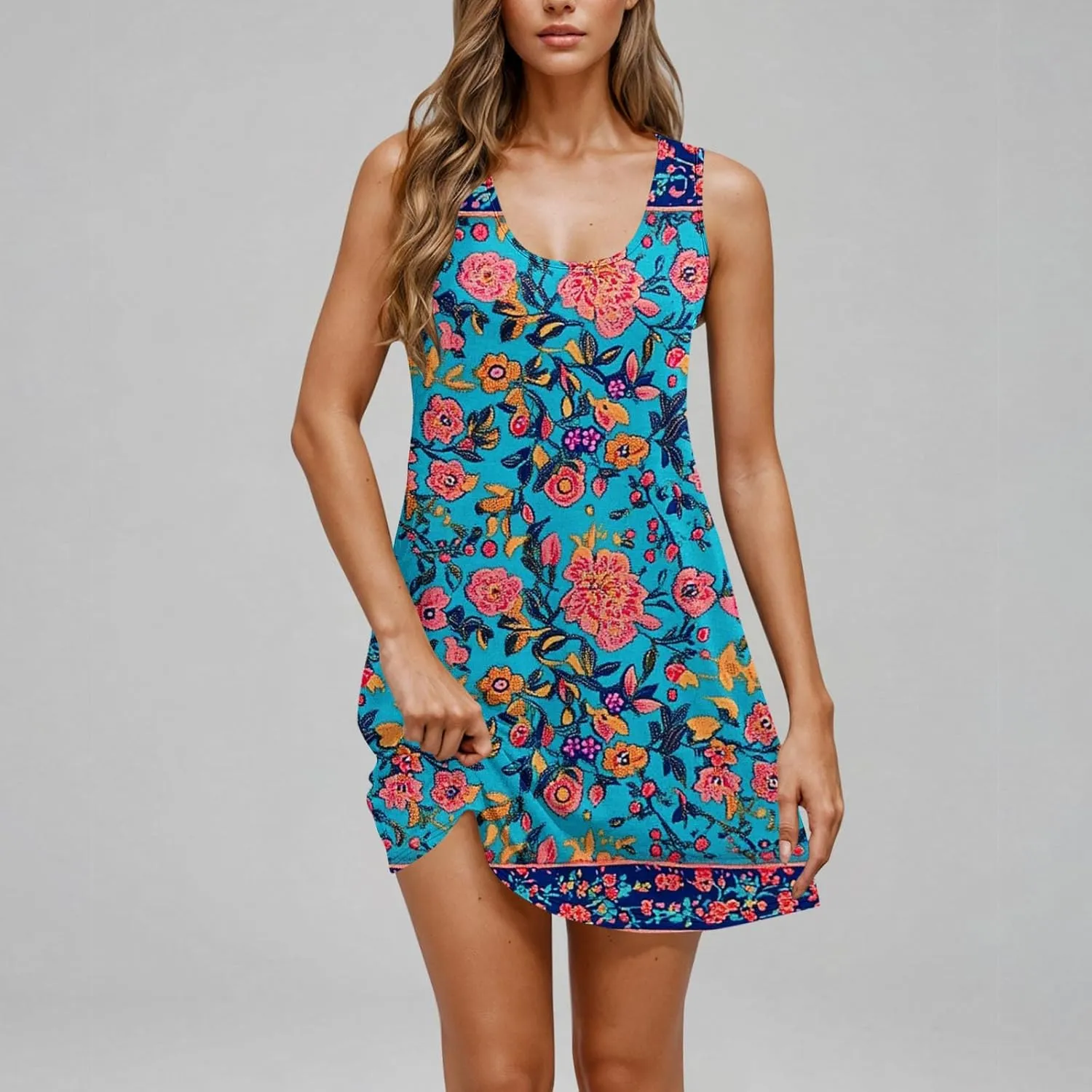 Women's Sleeveless Beach Dresses Loose Swimsuit Cover Ups Vacation Dresses Floral Flowy Mini Dress Trendy Dresses