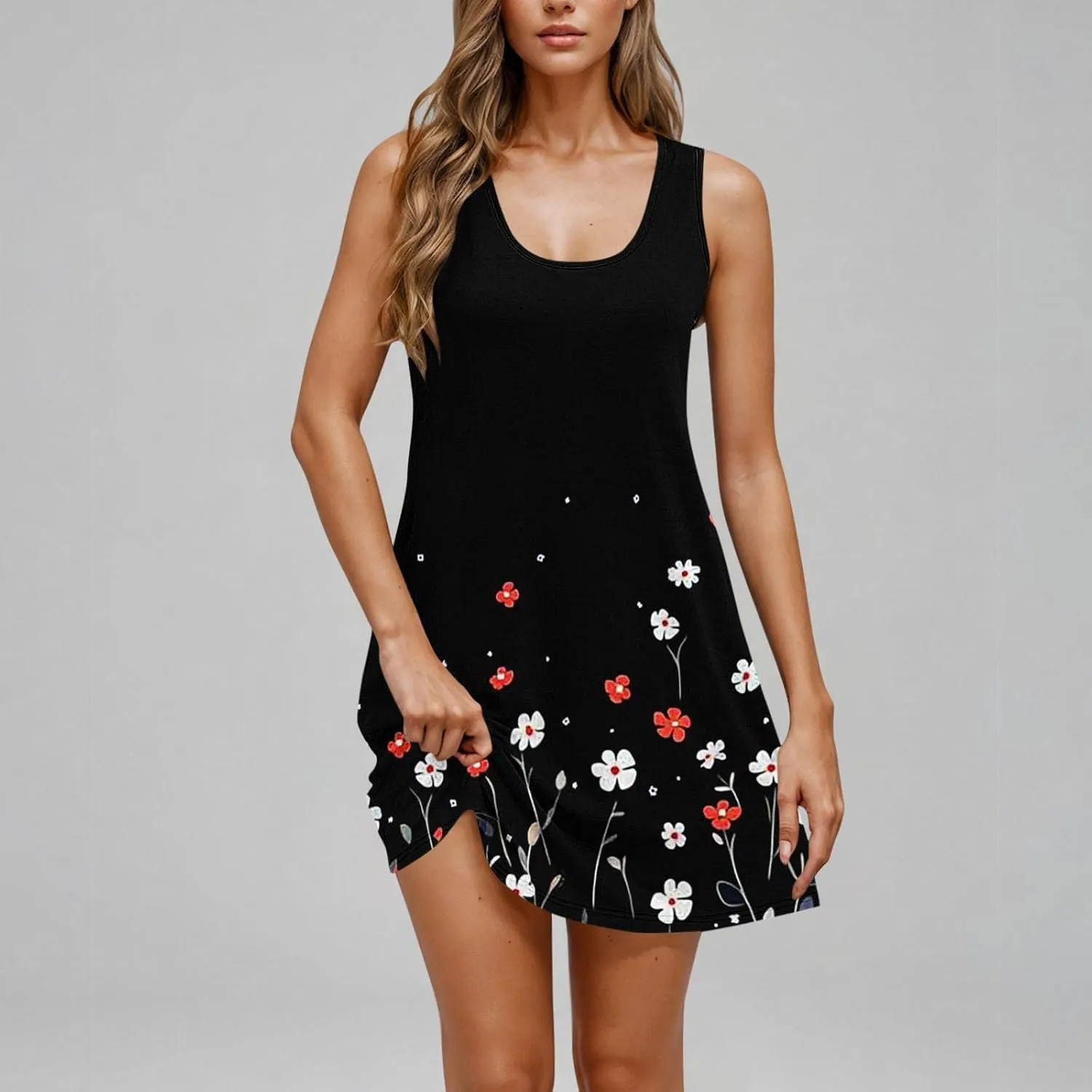 Womens Sleeveless Beach Dresses Loose Swimsuit Cover Ups Vacation Dresses Floral Flowy Mini Dress Trendy Dresses