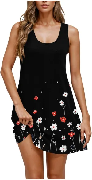 Womens Sleeveless Beach Dresses Loose Swimsuit Cover Ups Vacation Dresses Floral Flowy Mini Dress Trendy Dresses