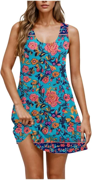 Women's Sleeveless Beach Dresses Loose Swimsuit Cover Ups Vacation Dresses Floral Flowy Mini Dress Trendy Dresses