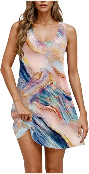 Womens Sleeveless Beach Dresses Loose Swimsuit Cover Ups Vacation Dresses Floral Flowy Mini Dress Trendy Dresses