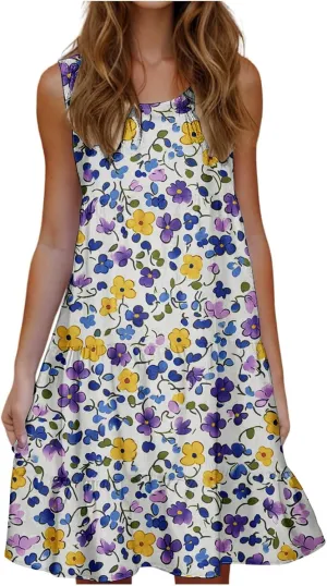 Womens Sleeveless Beach Dresses Loose Swimsuit Cover Ups Vacation Dresses Floral Swing Mini Dress Flowy Dresses
