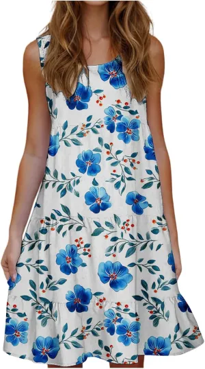 Womens Sleeveless Beach Dresses Loose Swimsuit Cover Ups Vacation Dresses Floral Swing Mini Dress Flowy Dresses