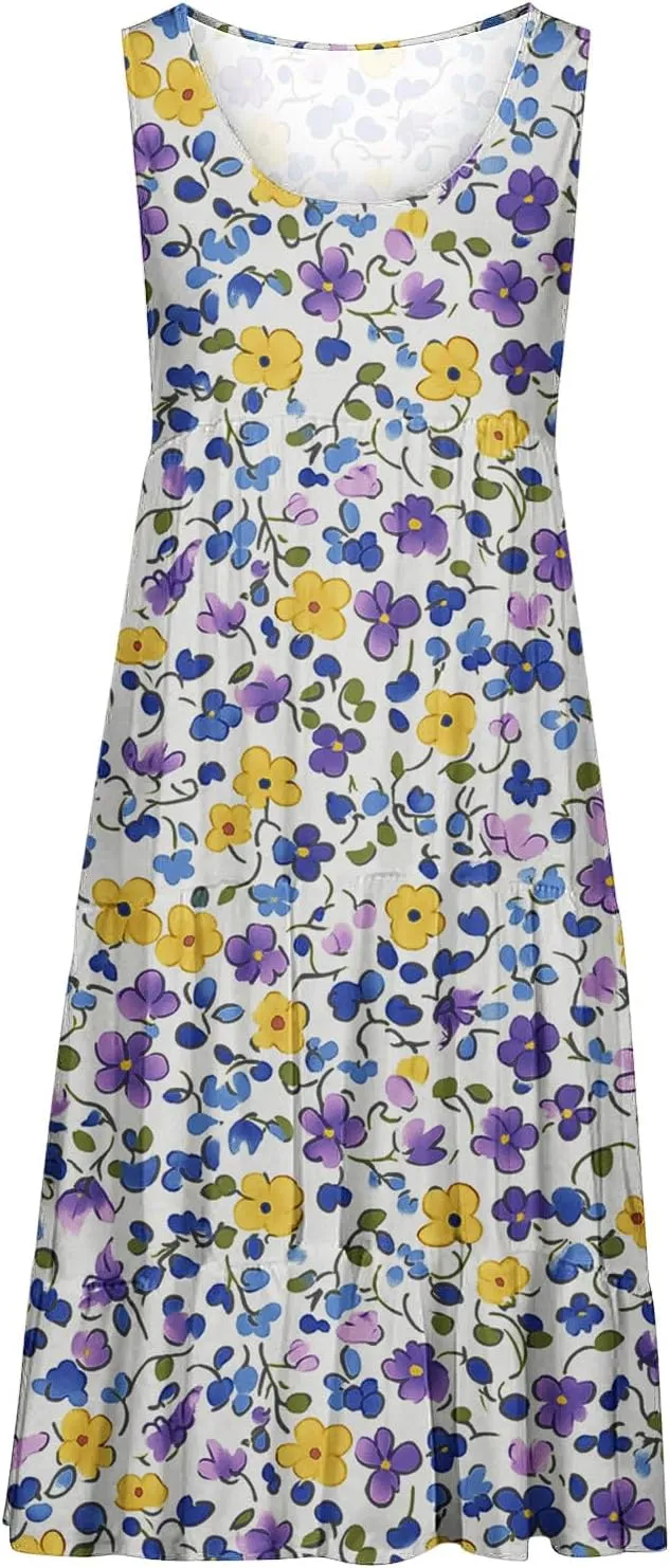 Womens Sleeveless Beach Dresses Loose Swimsuit Cover Ups Vacation Dresses Floral Swing Mini Dress Flowy Dresses
