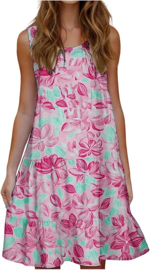 Women's Sleeveless Beach Dresses Loose Swimsuit Cover Ups Vacation Dresses Floral Swing Mini Dress Flowy Dresses