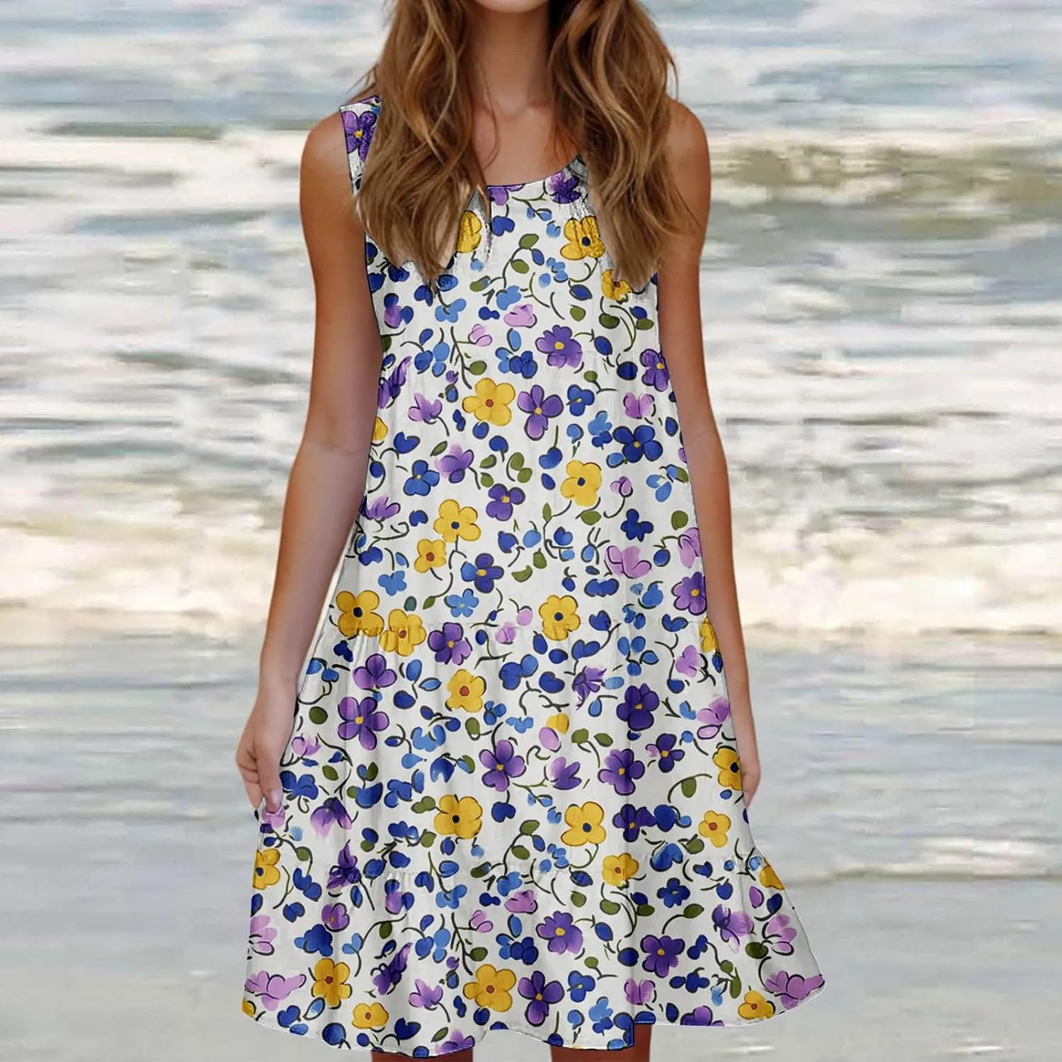 Womens Sleeveless Beach Dresses Loose Swimsuit Cover Ups Vacation Dresses Floral Swing Mini Dress Flowy Dresses