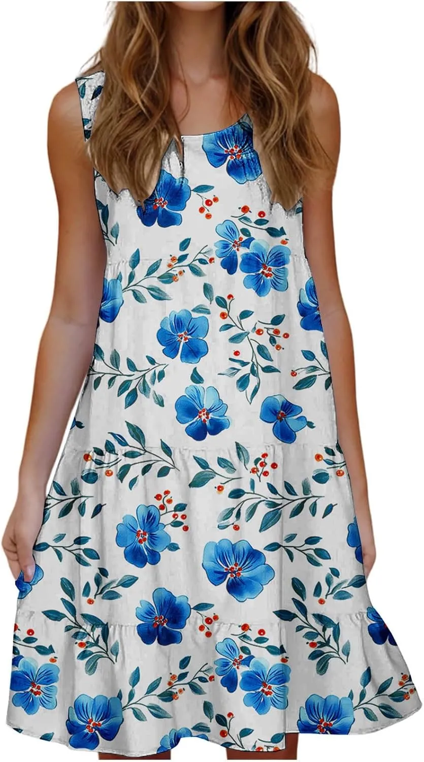 Womens Sleeveless Beach Dresses Loose Swimsuit Cover Ups Vacation Dresses Floral Swing Mini Dress Flowy Dresses