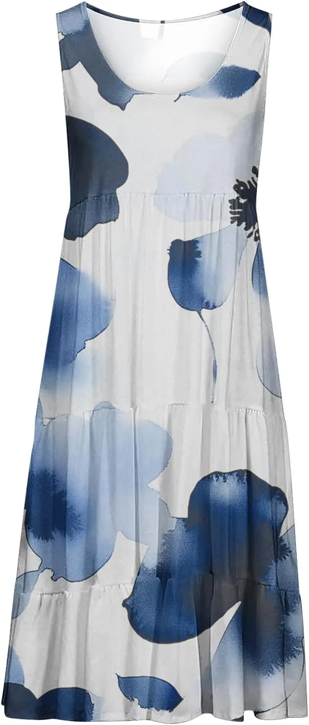 Women's Sleeveless Beach Dresses Loose Swimsuit Cover Ups Vacation Dresses Floral Swing Mini Dress Flowy Dresses