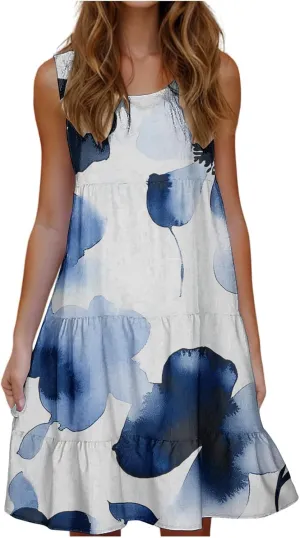 Women's Sleeveless Beach Dresses Loose Swimsuit Cover Ups Vacation Dresses Floral Swing Mini Dress Flowy Dresses