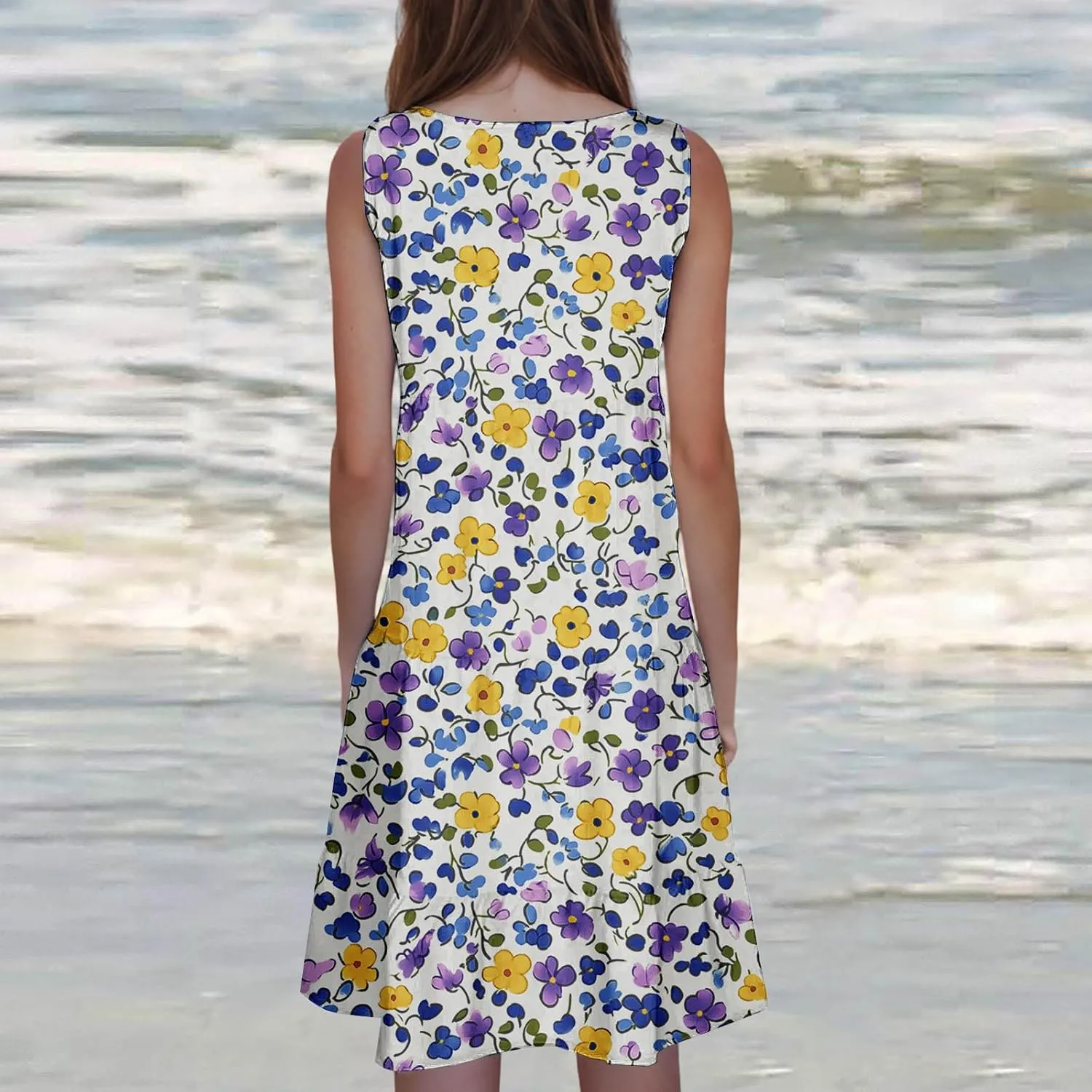 Womens Sleeveless Beach Dresses Loose Swimsuit Cover Ups Vacation Dresses Floral Swing Mini Dress Flowy Dresses