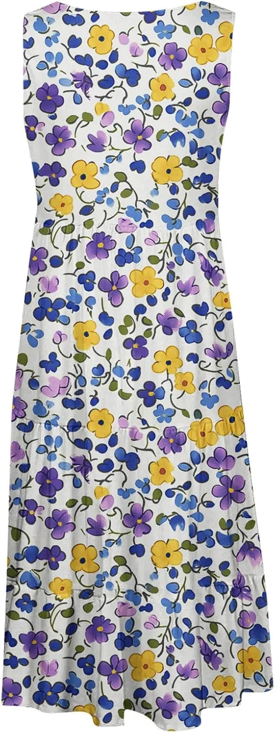 Womens Sleeveless Beach Dresses Loose Swimsuit Cover Ups Vacation Dresses Floral Swing Mini Dress Flowy Dresses