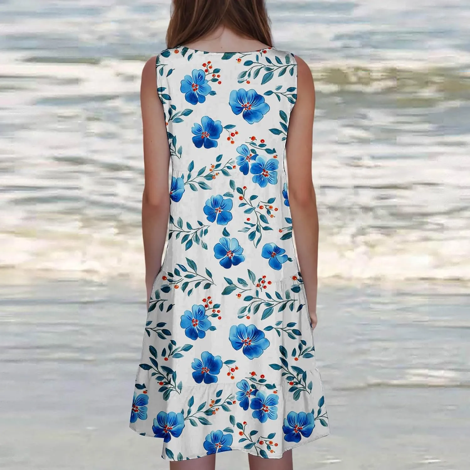 Womens Sleeveless Beach Dresses Loose Swimsuit Cover Ups Vacation Dresses Floral Swing Mini Dress Flowy Dresses