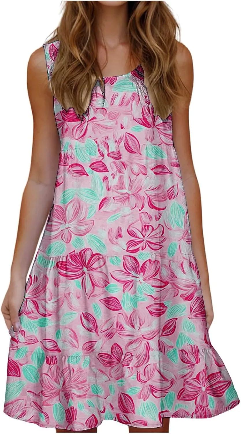 Women's Sleeveless Beach Dresses Loose Swimsuit Cover Ups Vacation Dresses Floral Swing Mini Dress Flowy Dresses