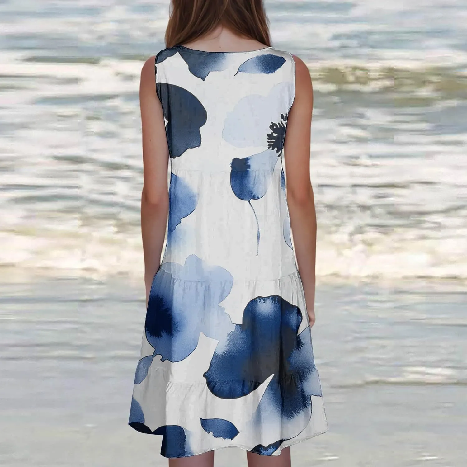 Women's Sleeveless Beach Dresses Loose Swimsuit Cover Ups Vacation Dresses Floral Swing Mini Dress Flowy Dresses