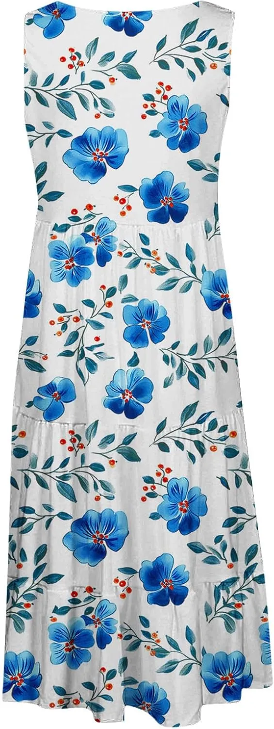 Womens Sleeveless Beach Dresses Loose Swimsuit Cover Ups Vacation Dresses Floral Swing Mini Dress Flowy Dresses