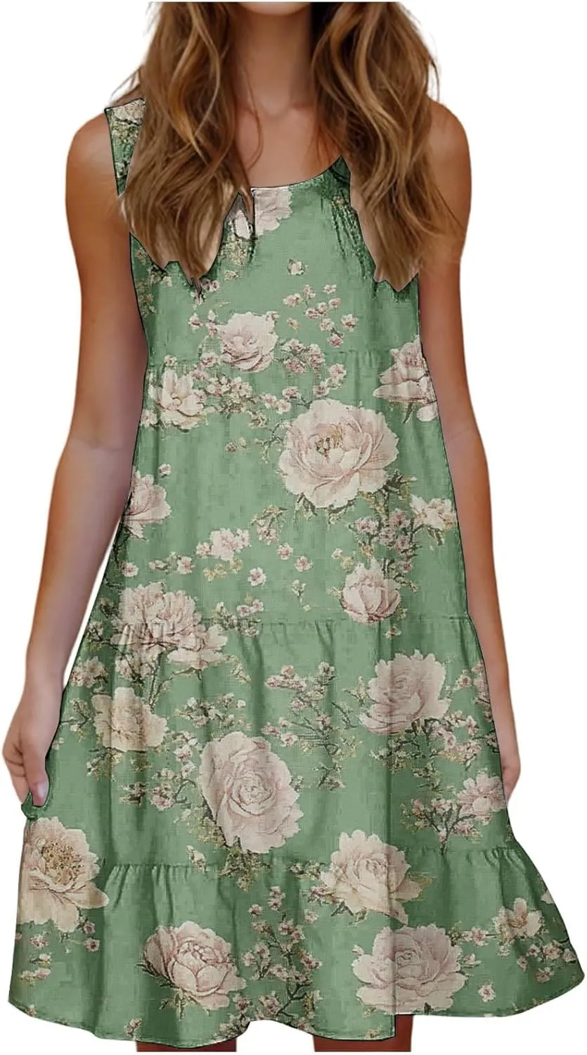 Women's Sleeveless Beach Dresses Loose Swimsuit Cover Ups Vacation Dresses Floral Swing Mini Dress Flowy Dresses
