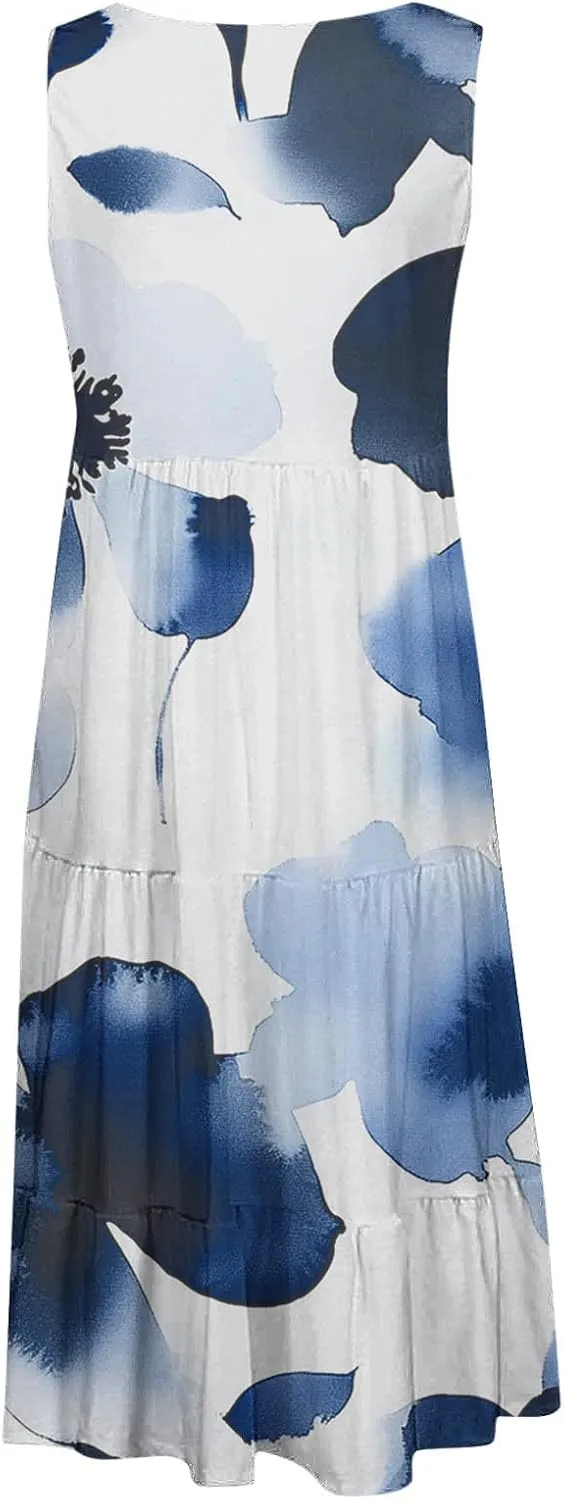 Women's Sleeveless Beach Dresses Loose Swimsuit Cover Ups Vacation Dresses Floral Swing Mini Dress Flowy Dresses