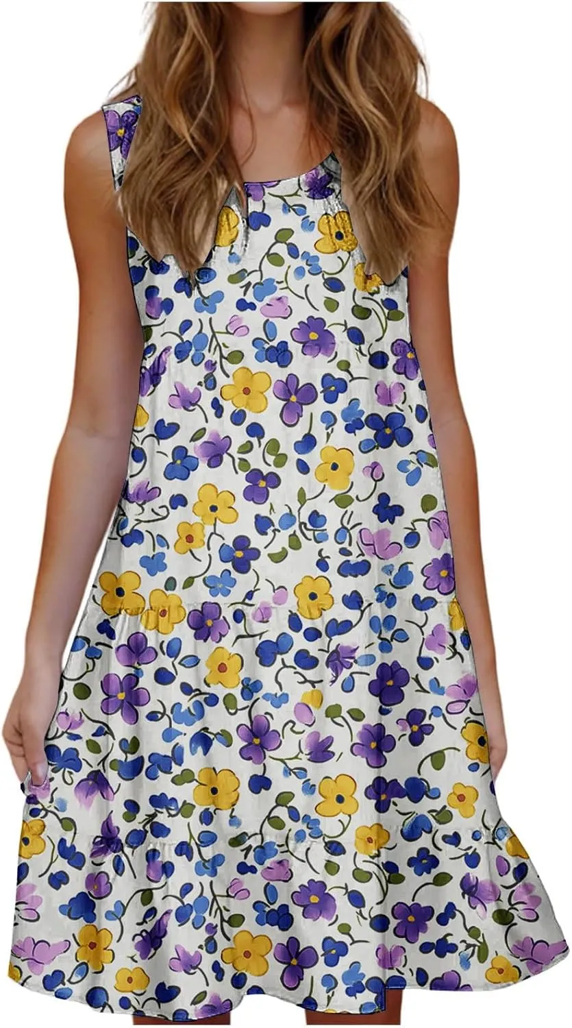 Womens Sleeveless Beach Dresses Loose Swimsuit Cover Ups Vacation Dresses Floral Swing Mini Dress Flowy Dresses