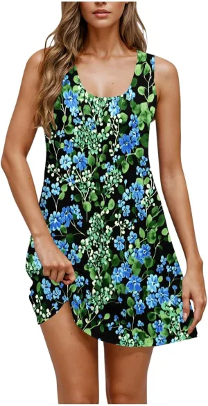 Women's Sleeveless Beach Dresses Trendy Swimsuit Cover Ups Vacation Dresses Floral Flowy Mini Dress Swing Dresses