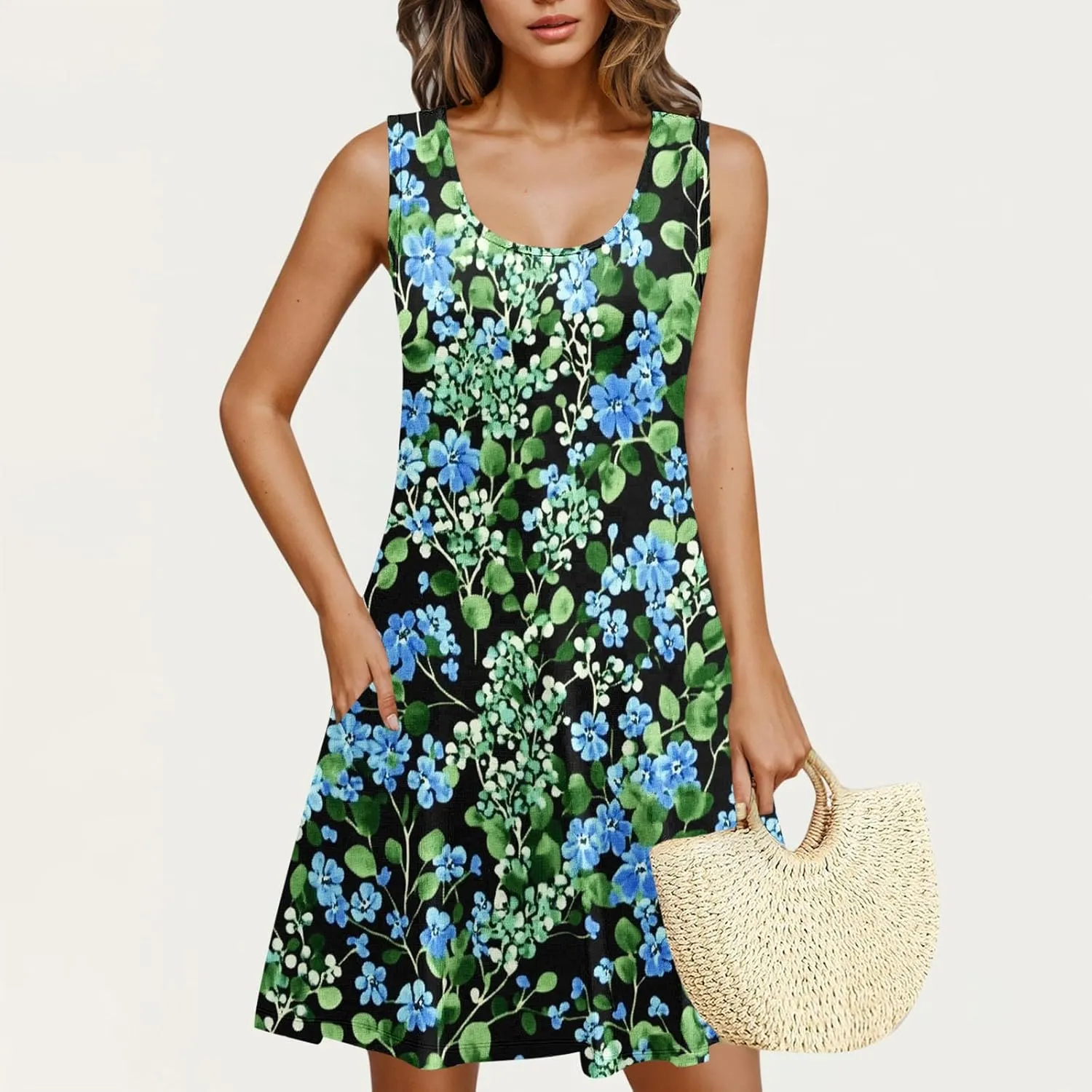 Women's Sleeveless Beach Dresses Trendy Swimsuit Cover Ups Vacation Dresses Floral Flowy Mini Dress Swing Dresses