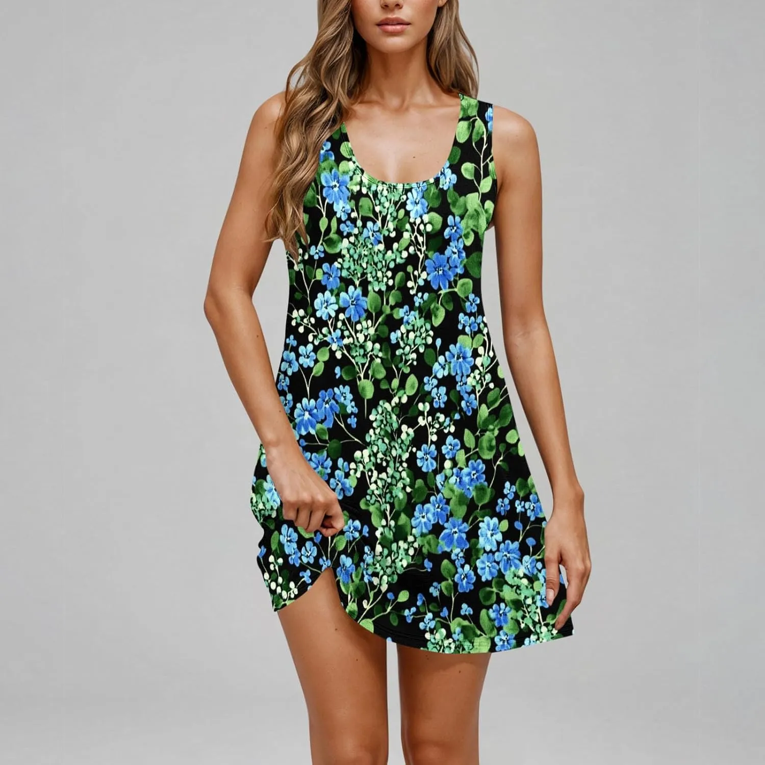 Women's Sleeveless Beach Dresses Trendy Swimsuit Cover Ups Vacation Dresses Floral Flowy Mini Dress Swing Dresses