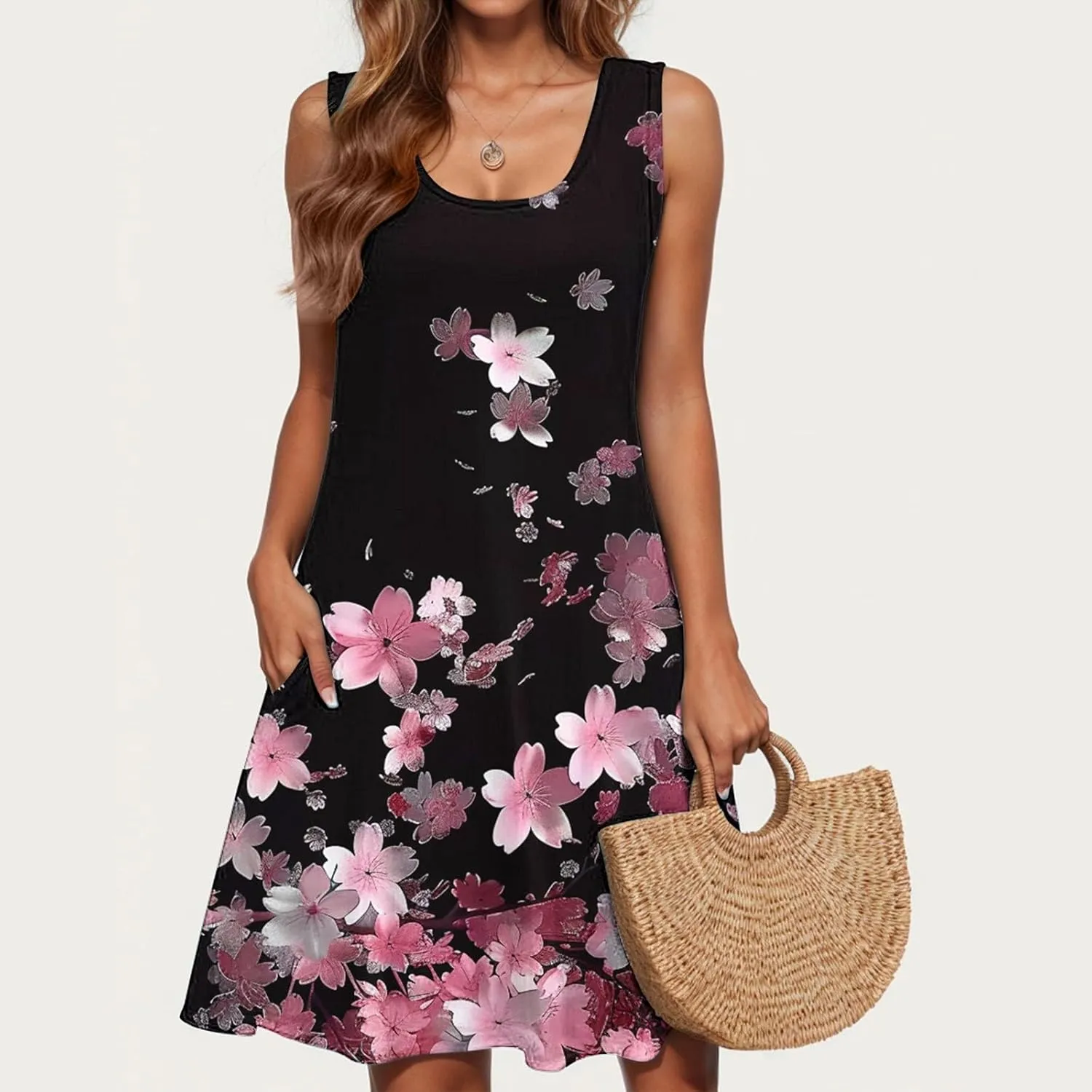 Womens Sleeveless Beach Dresses Trendy Swimsuit Cover Ups Vacation Dresses Floral Swing Mini Dress Flowy Dresses
