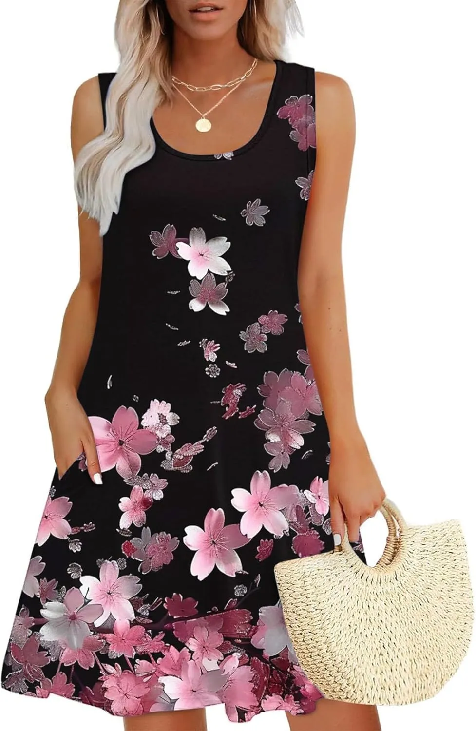 Womens Sleeveless Beach Dresses Trendy Swimsuit Cover Ups Vacation Dresses Floral Swing Mini Dress Flowy Dresses