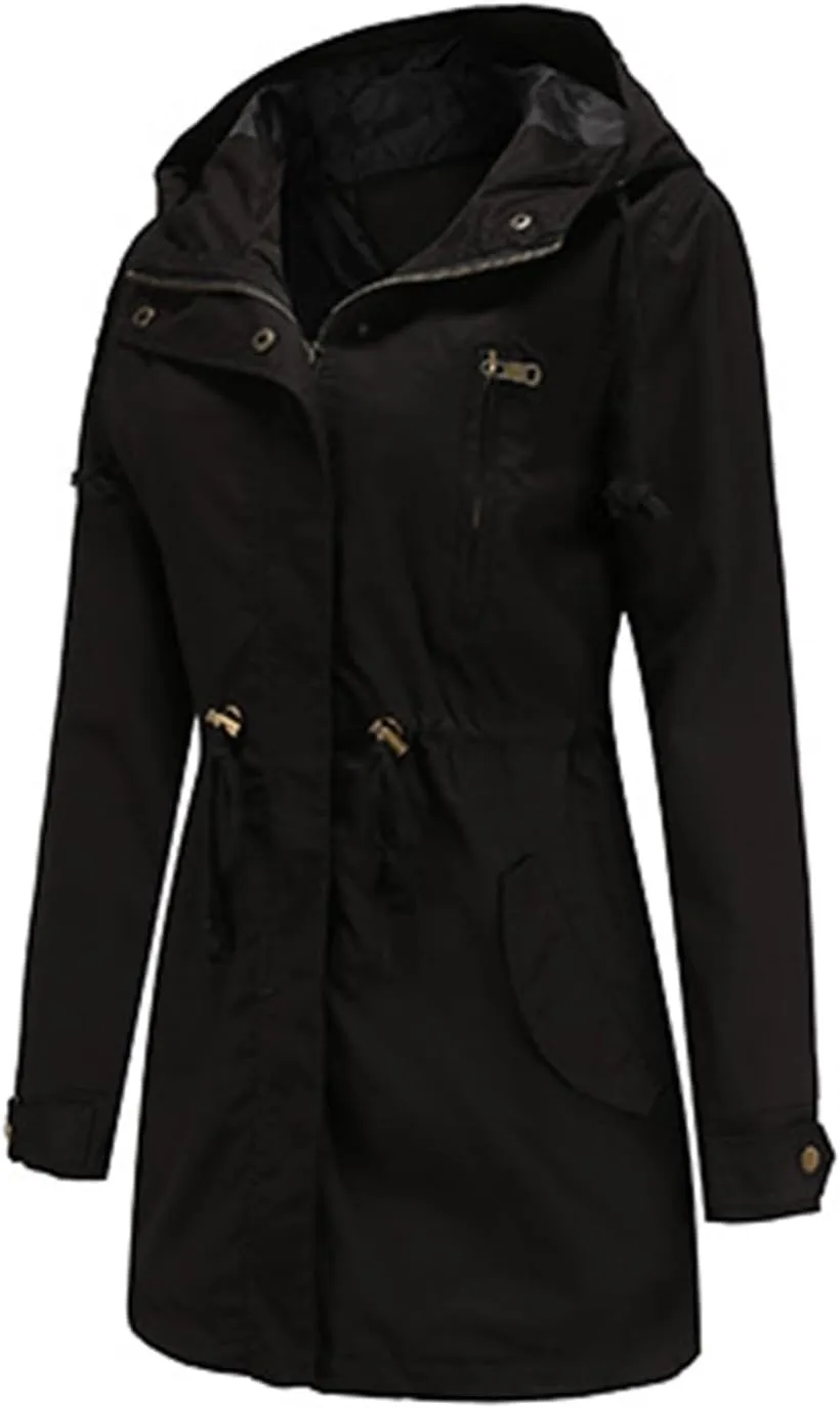 Women's Solid Color Rain Jacket Casual Windbreaker Fall Winter Outdoor Jackets Hooded Raincoat Windproof Coats