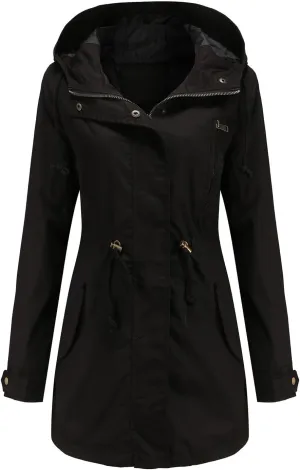 Women's Solid Color Rain Jacket Casual Windbreaker Fall Winter Outdoor Jackets Hooded Raincoat Windproof Coats