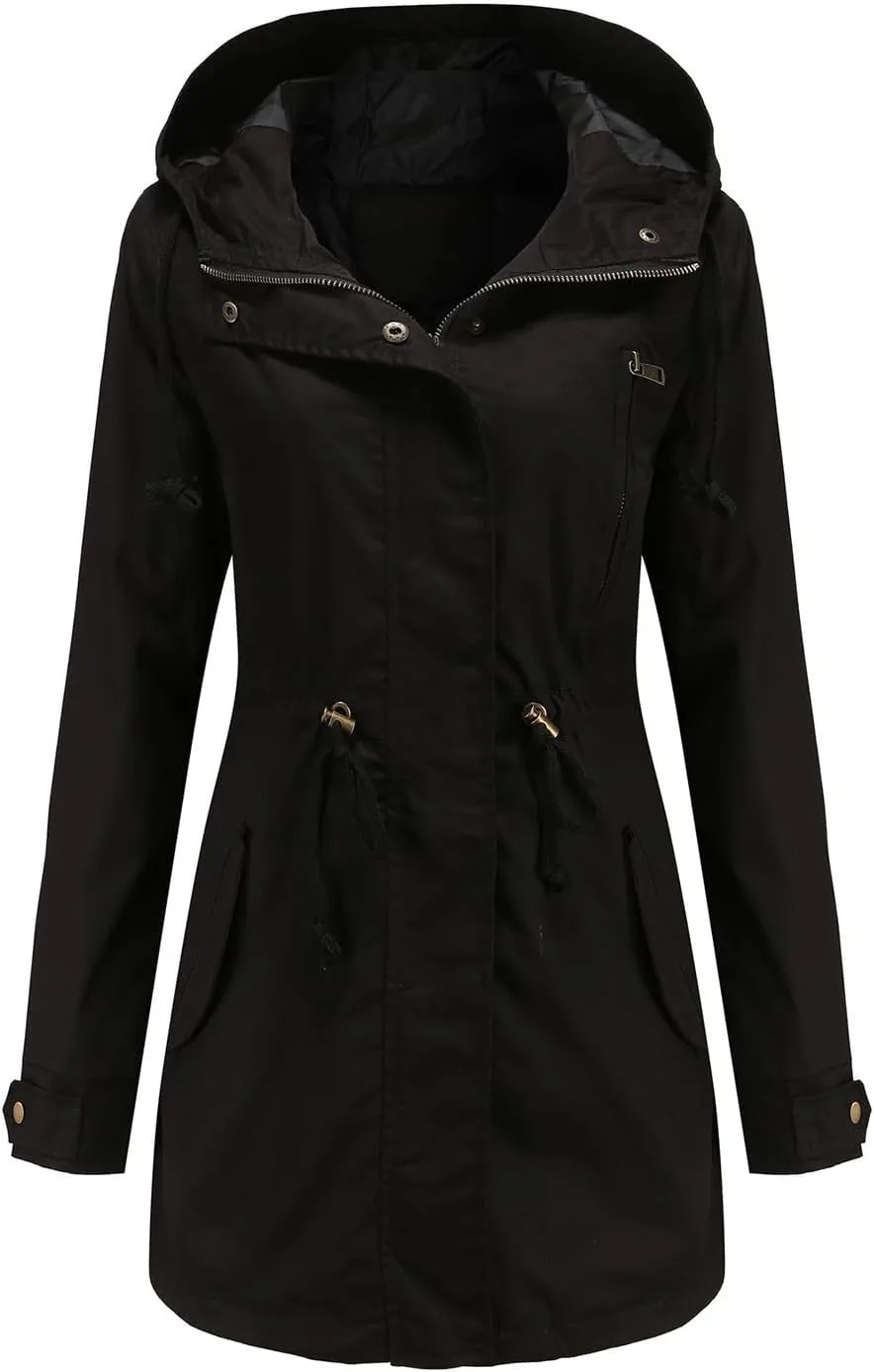 Women's Solid Color Rain Jacket Casual Windbreaker Fall Winter Outdoor Jackets Hooded Raincoat Windproof Coats