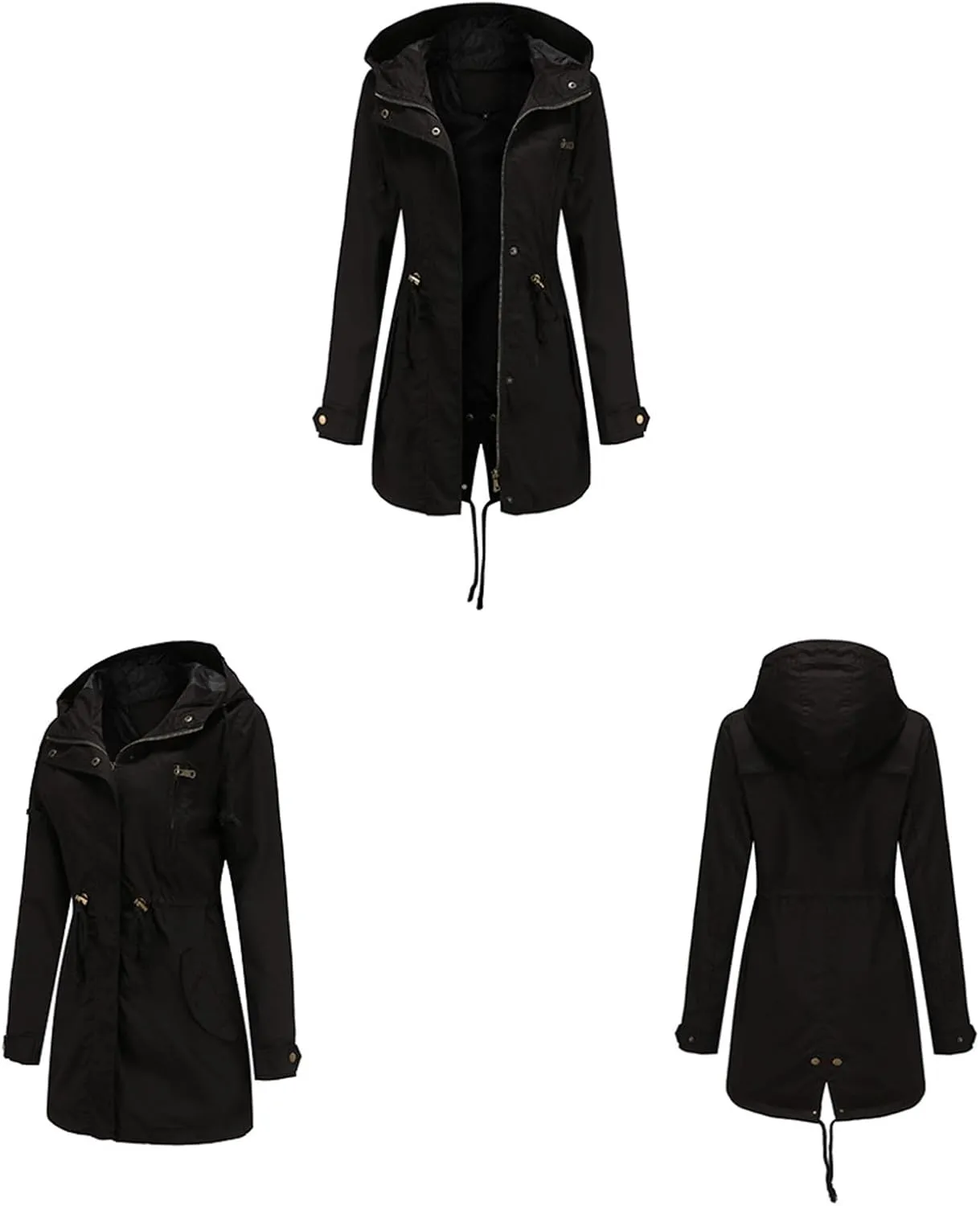 Women's Solid Color Rain Jacket Casual Windbreaker Fall Winter Outdoor Jackets Hooded Raincoat Windproof Coats