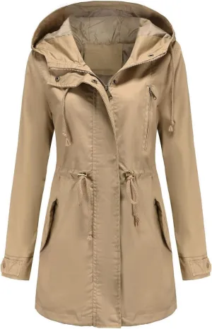 Women's Solid Color Rain Jacket Casual Windbreaker Fall Winter Outdoor Jackets Hooded Raincoat Windproof Coats