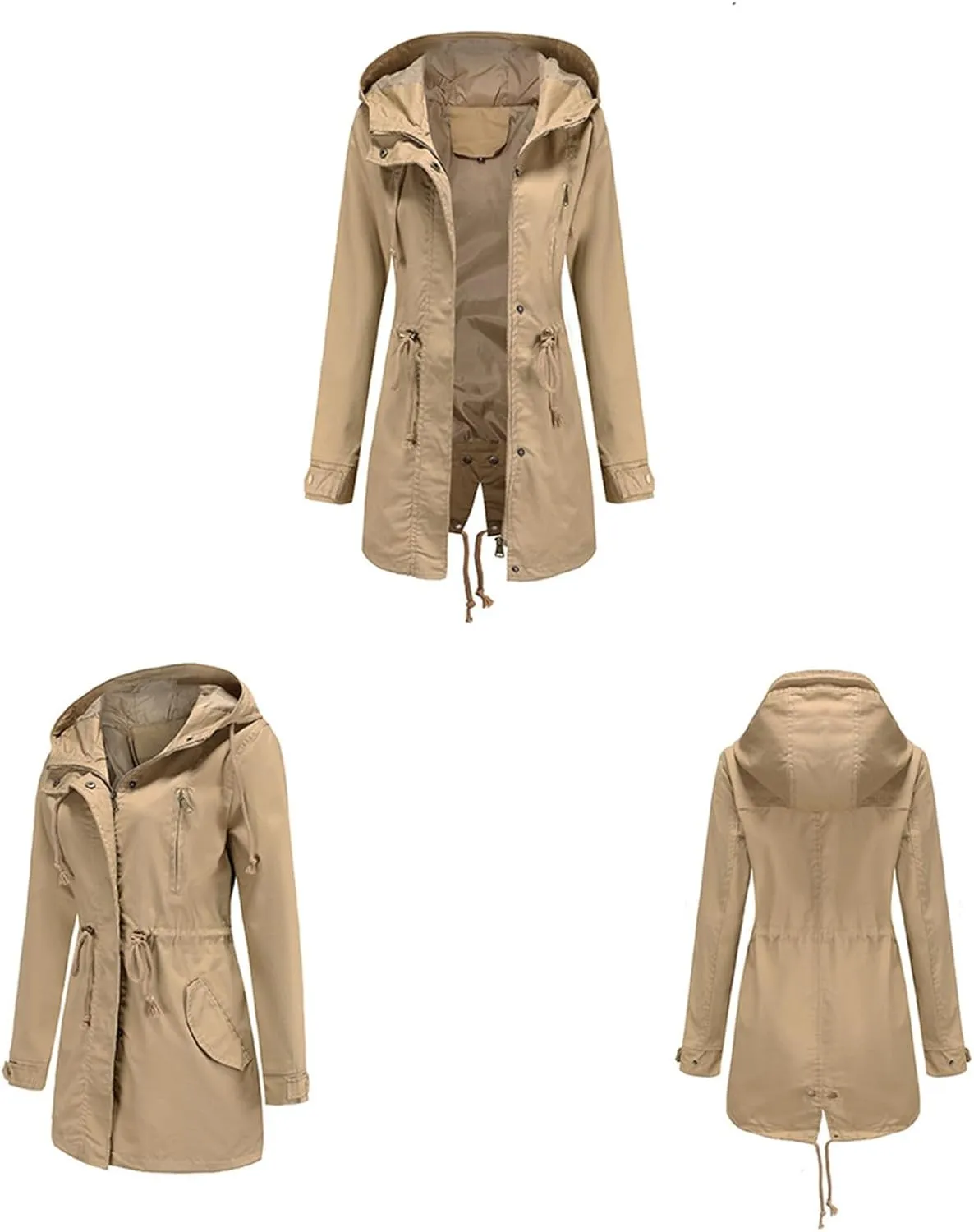 Women's Solid Color Rain Jacket Casual Windbreaker Fall Winter Outdoor Jackets Hooded Raincoat Windproof Coats