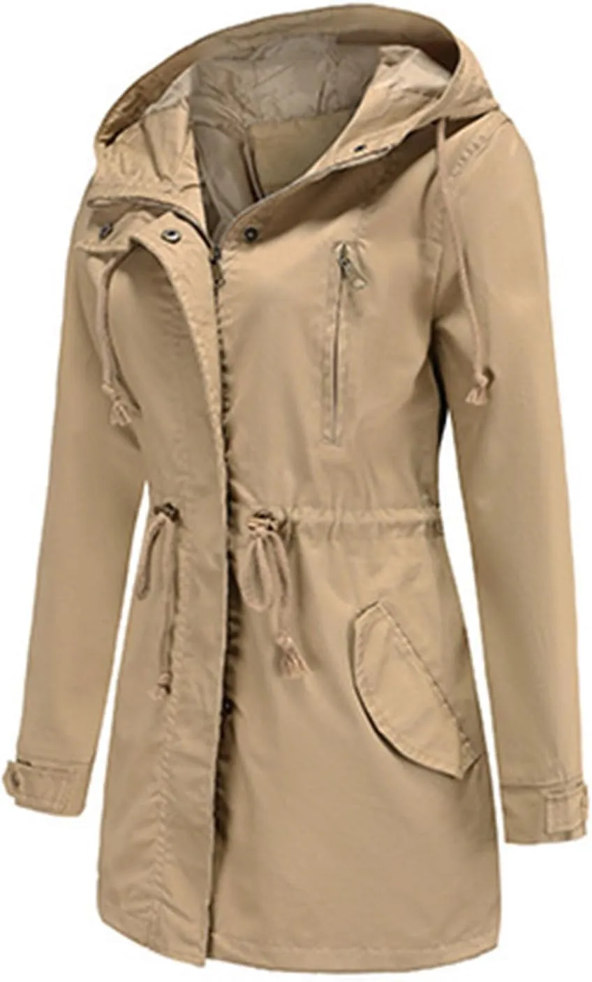 Women's Solid Color Rain Jacket Casual Windbreaker Fall Winter Outdoor Jackets Hooded Raincoat Windproof Coats