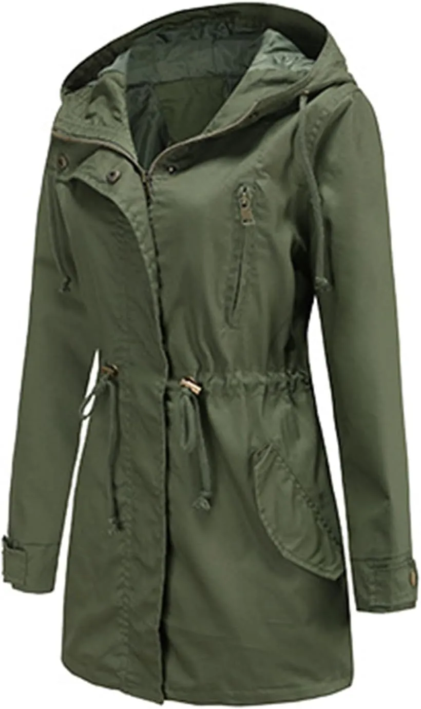 Women's Solid Color Rain Jacket Casual Windbreaker Fall Winter Outdoor Jackets Hooded Raincoat Windproof Coats