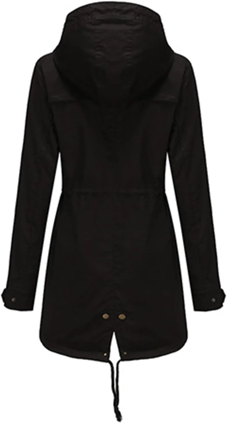 Women's Solid Color Rain Jacket Casual Windbreaker Fall Winter Outdoor Jackets Hooded Raincoat Windproof Coats