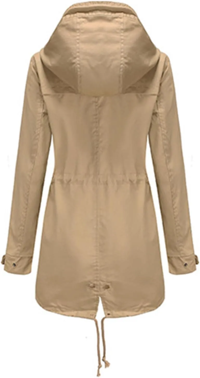 Women's Solid Color Rain Jacket Casual Windbreaker Fall Winter Outdoor Jackets Hooded Raincoat Windproof Coats