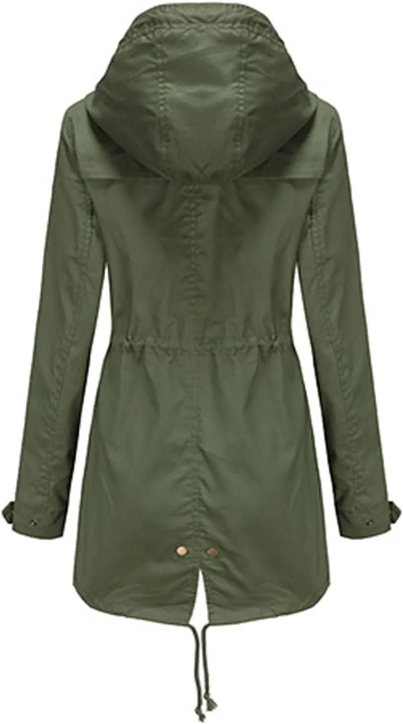 Women's Solid Color Rain Jacket Casual Windbreaker Fall Winter Outdoor Jackets Hooded Raincoat Windproof Coats