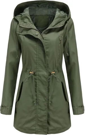 Women's Solid Color Rain Jacket Casual Windbreaker Fall Winter Outdoor Jackets Hooded Raincoat Windproof Coats