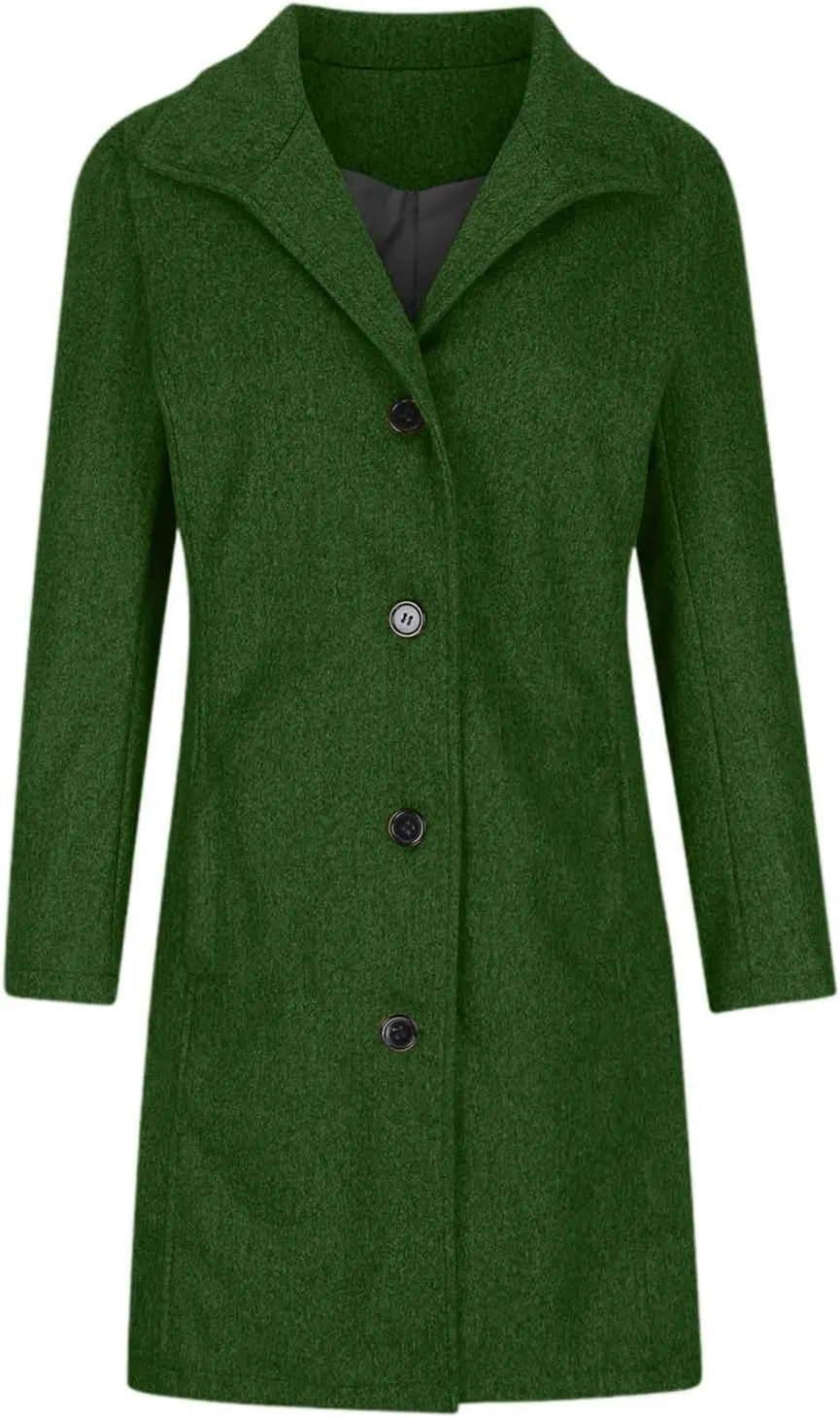 Women's Solid Color Thermal Windbreaker Notched Lapel Single Breasted Thick A-Line Wool Pea Coat with Pockets